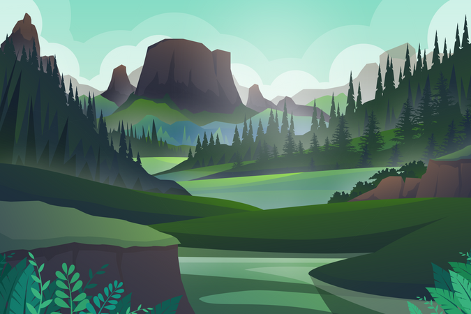 Friedliche Hügel und Wald, Bäume und Berge Felsen, schöne Landschaft  Illustration