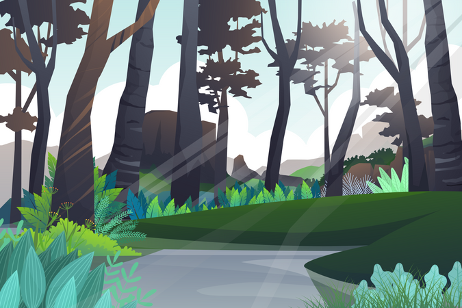 Friedlicher Hügel und Waldbaum mit natürlichem Teich und Bergen  Illustration