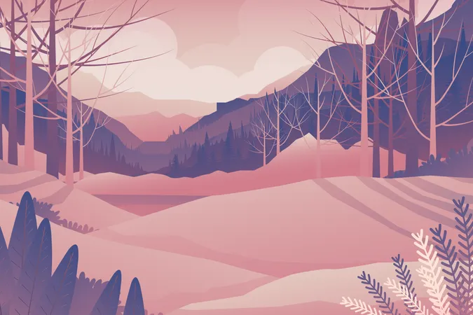 Friedlicher, warmer Sonnenaufgang über Bergen, Hügeln und Wäldern, wunderschöne Landschaft,  Illustration