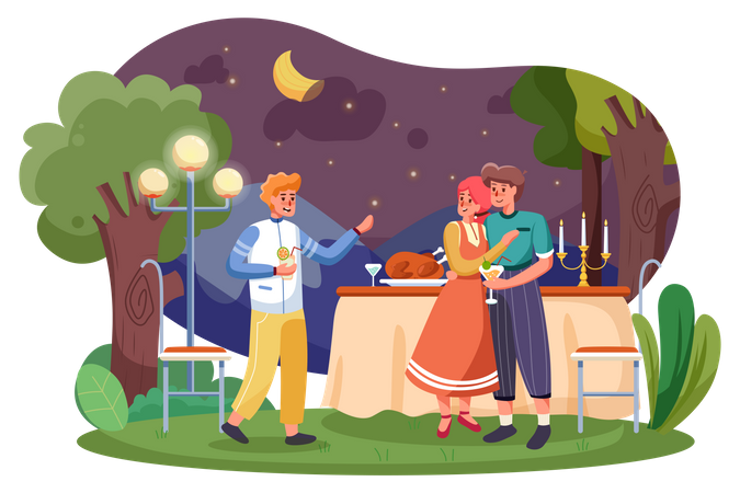 Friend enjoying at Garden Party during Night  Illustration