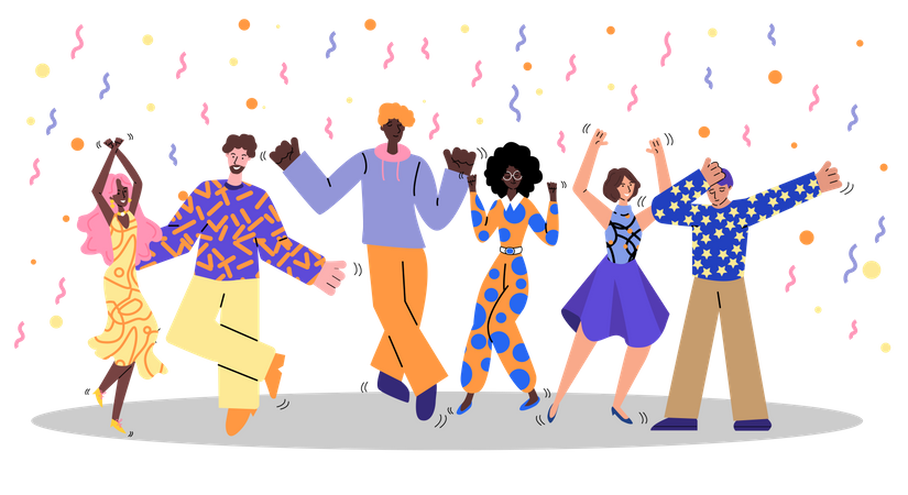 Friend Group At Retro Dance Party  Illustration