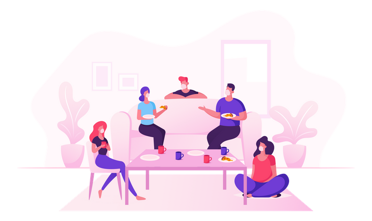 Friend Group Celebrate Home Party During Covid19 Eating Pizza And Drinking Tea Illustration