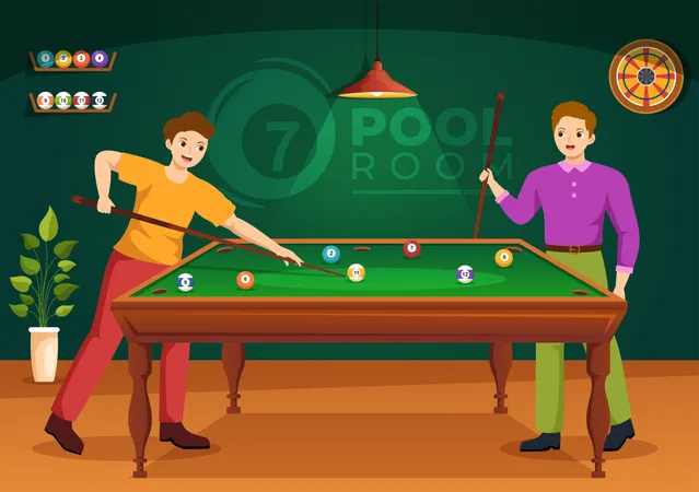 Billiards Game Illustration With Player Pool Room With Stick Table And Billiard Balls In Sports Club In Flat Cartoon Hand Drawn Templates Illustration