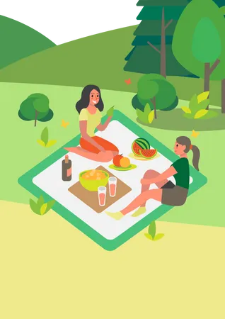 Friend spend time outdoor on picnic  Illustration