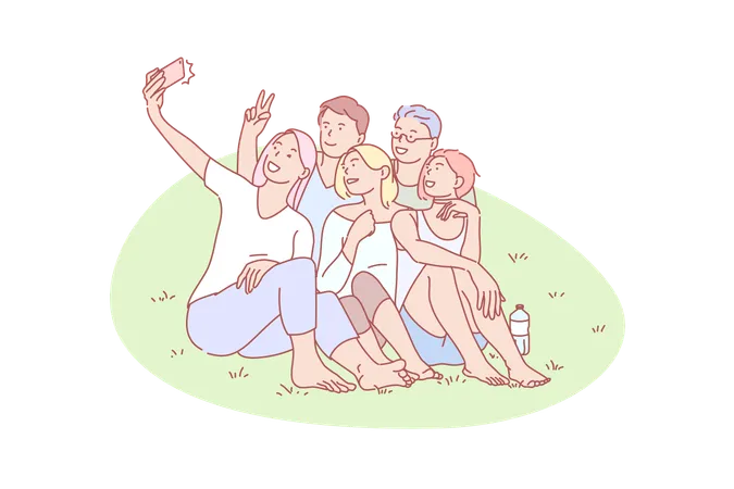 Selfie Friend Gathering Joy Rest Concept Resting Mates Gathering For Selfie Together Outdoor Happy Joyful Friends Photographing For Social Media Teen Team Making Group Video Simple Flat Vector Illustration
