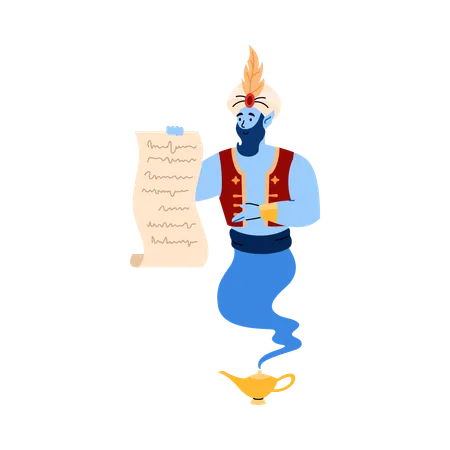 Friendly Arabian genie pointing at list  Illustration