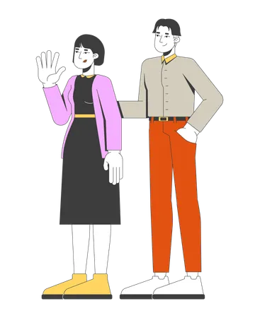 함께 서 있는 친절한 아시아 커플  일러스트레이션