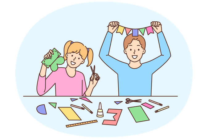 Friendly boy girl in adolescence cut out origami and crafts from colored paper  Illustration