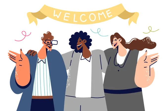 Friendly Business People Invite You To Join Team Standing Under Banner That Says Welcome Various Girls And Guys Say Welcome To New Employees Of Corporation Who Have Come To Work For First Time Illustration