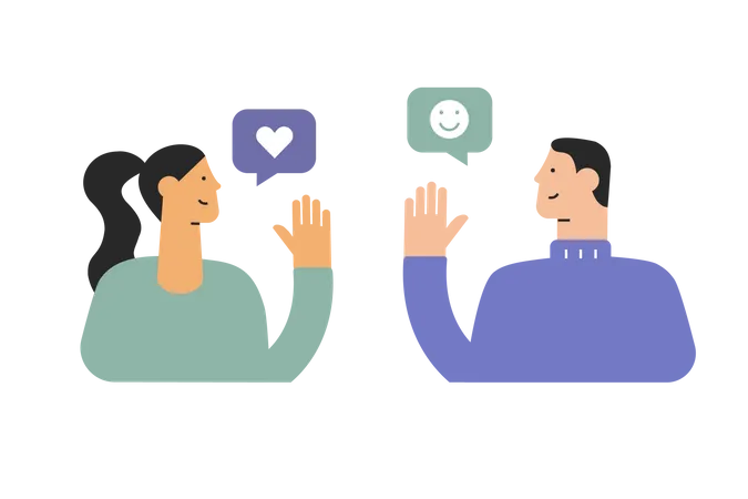 The Two Cartoon Characters Wave Hello Exchanging Like And Smile In A Speech Babble Vector Illustration In Flat Design Style Illustration