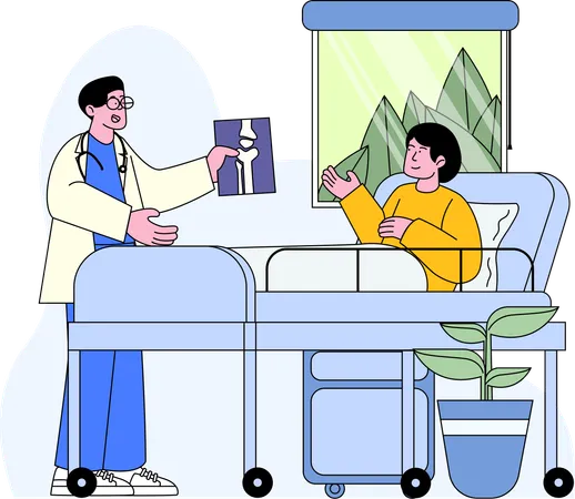 This Illustration Depicts A Warm Interaction Between A Doctor And A Patient In A Hospital Room Showcasing A Friendly Consultation With The Doctor Holding An X Ray Perfect For Healthcare Blogs And Medical Services Websites Illustration