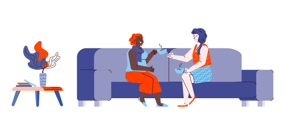 Friendly conversation of two girl friends sitting on sofa  イラスト