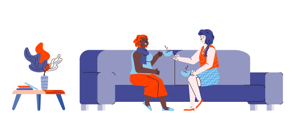 Friendly conversation of two girl friends sitting on sofa  Illustration