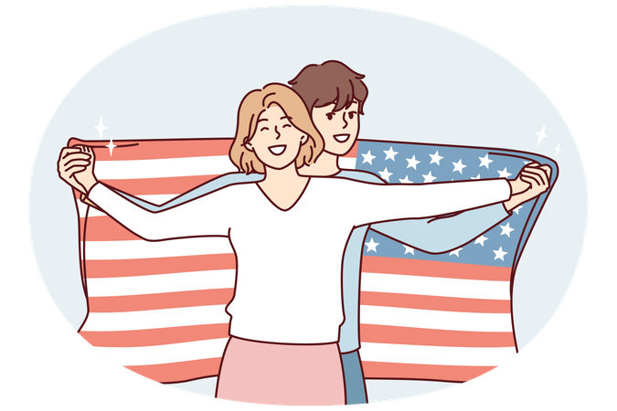 Friendly couple of man and woman posing with USA flag demonstrating patriotism  Illustration