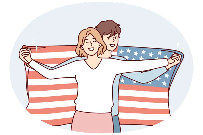 Friendly couple of man and woman posing with USA flag demonstrating patriotism  Illustration