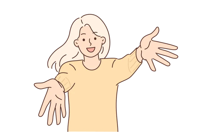 Friendly girl wants hug you and share good mood by stretching arms to screen and goes to meeting  Illustration