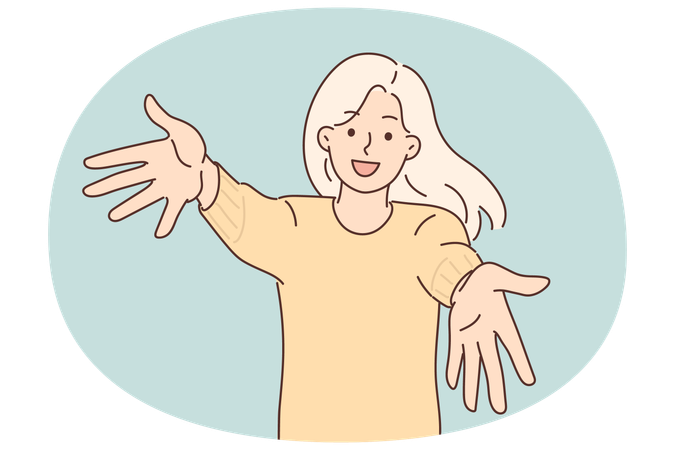 フレンドリーな女の子は、あなたを抱きしめたいと思って、腕をスクリーンに伸ばして良い気分を共有し、会議に行きます  イラスト