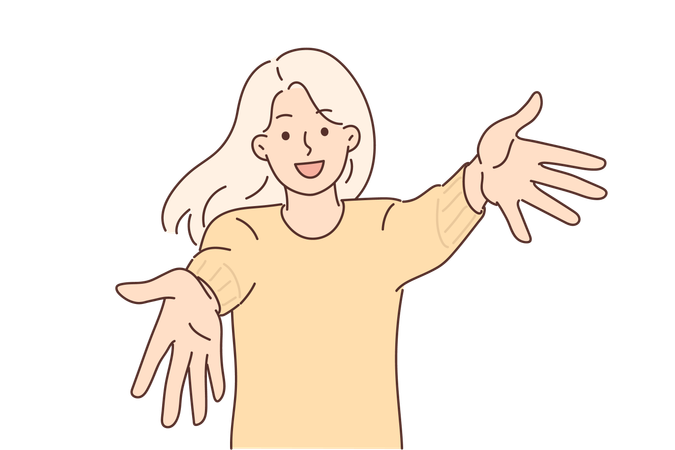 Friendly girl wants hug you and share good mood by stretching arms to screen and goes to meeting  Illustration