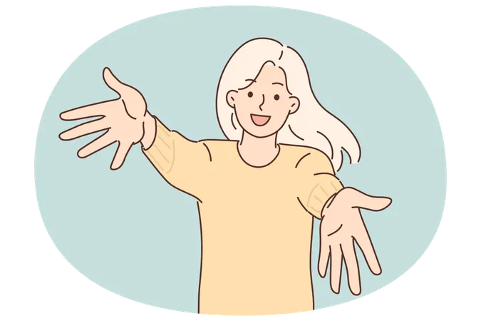 Friendly girl wants hug you and share good mood by stretching arms to screen and goes to meeting  Illustration