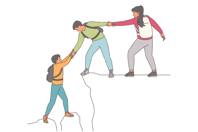 Friendly help from climbers for lagging friend and having trouble climbing to top of mountain  Illustration