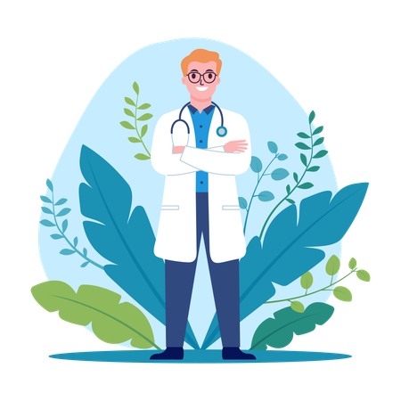 Friendly Male Doctor Character Standing Crossing Hands with Floral Plant Decoration  Illustration