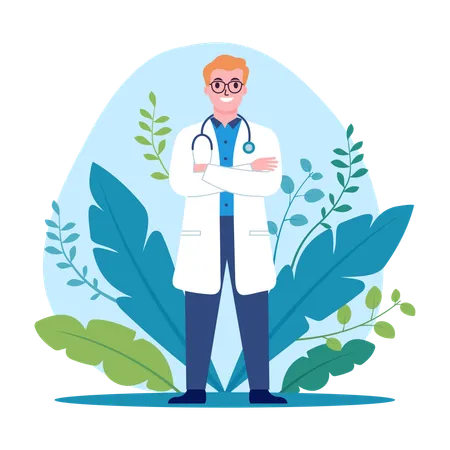 Friendly Male Doctor Character Standing Crossing Hands with Floral Plant Decoration  Illustration