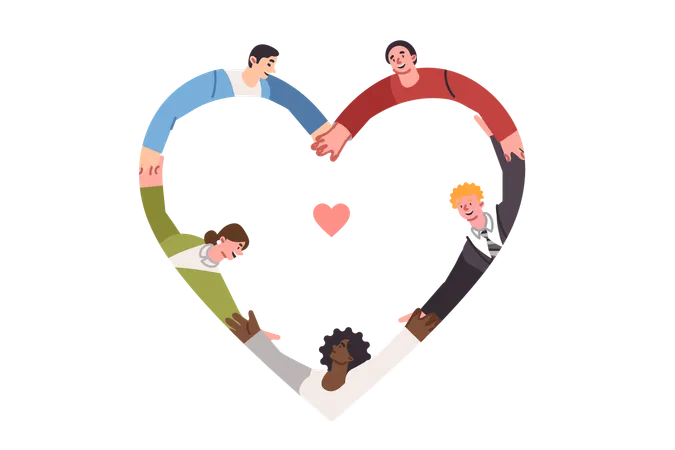 Friendly multinational people hold hands forming heart shape and demonstrate commitment to love  Illustration