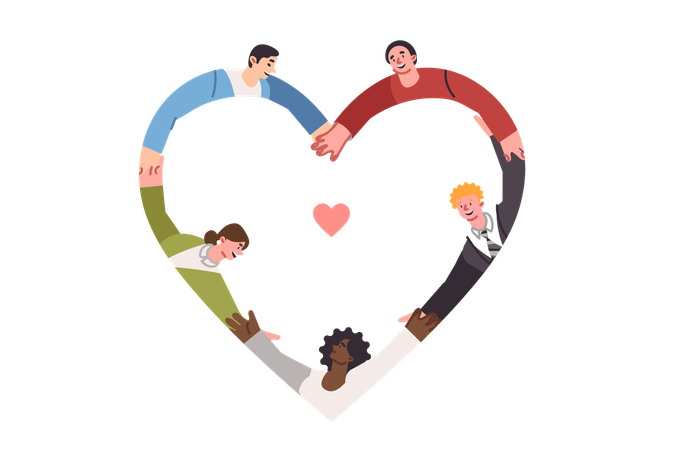 Friendly multinational people hold hands forming heart shape and demonstrate commitment to love  Illustration