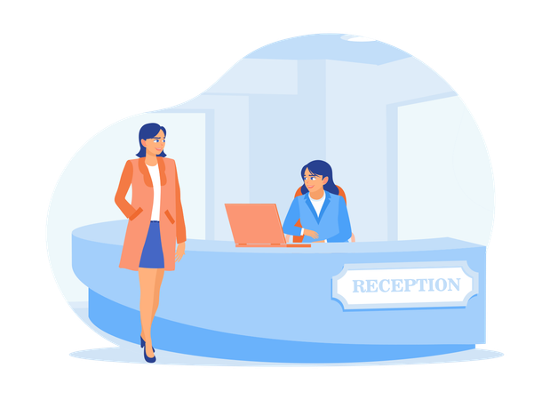 Friendly receptionist at work desk and Serve hotel customers in friendly manner  Illustration