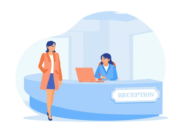 Friendly receptionist at work desk and Serve hotel customers in friendly manner  Illustration