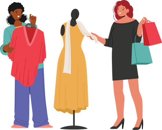 Friendly saleswoman helping fashion lady customer to choose new trendy outfit for summer season  Illustration