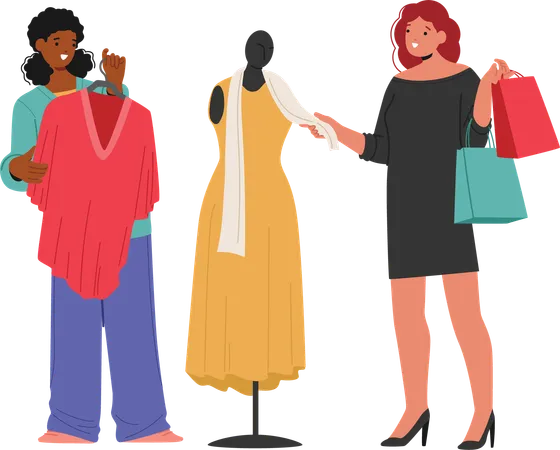 Friendly saleswoman helping fashion lady customer to choose new trendy outfit for summer season  Illustration