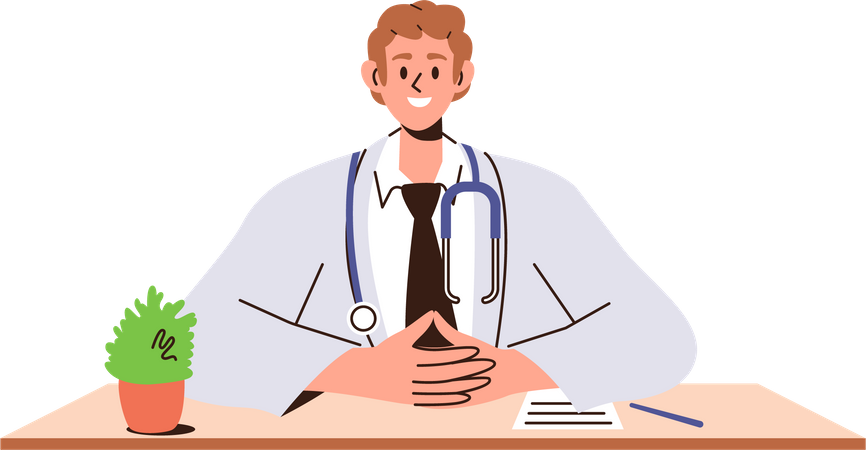 Friendly smiling doctor pediatrician in lab coat looking forward sitting at clinic office table  Illustration