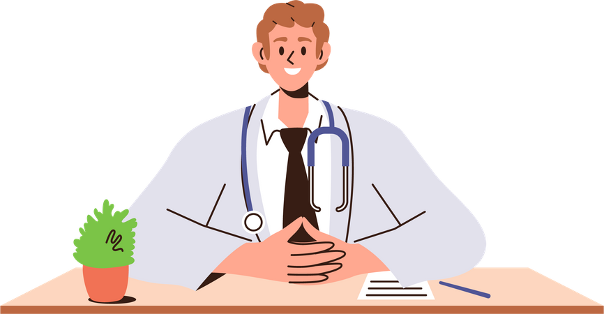 Friendly smiling doctor pediatrician in lab coat looking forward sitting at clinic office table  Illustration