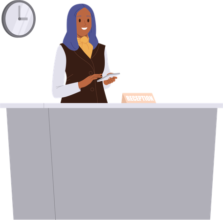 Friendly smiling woman receptionist standing at hotel reception with mobile tablet  Illustration