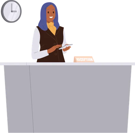 Friendly smiling woman receptionist standing at hotel reception with mobile tablet  Illustration