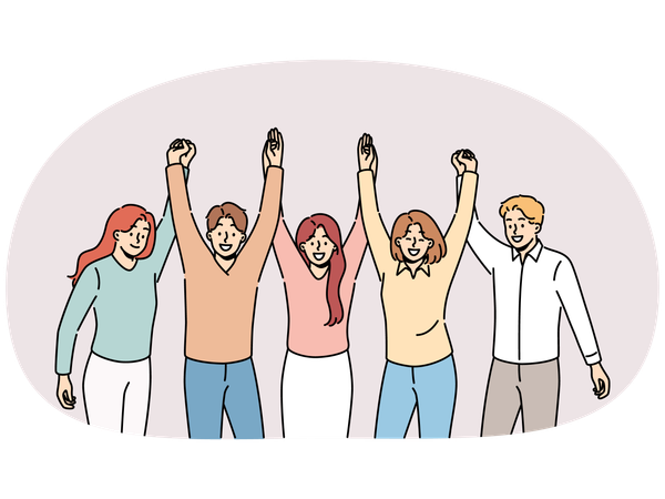 Friendly team holding hands and smiling for successful collaboration to achieve goals  Illustration
