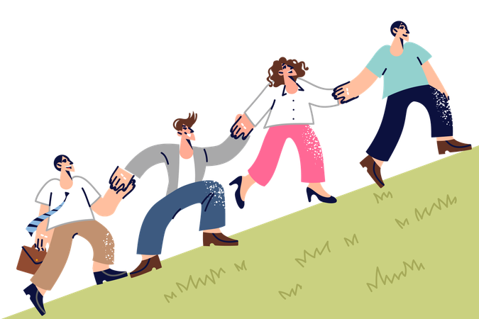 Friendly team of office workers climb hill together and hold hands  Illustration