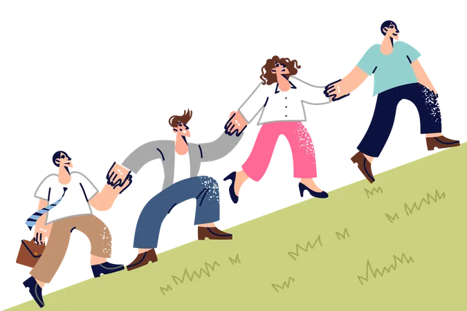 Friendly team of office workers climb hill together and hold hands  Illustration