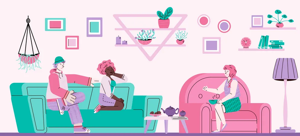 Friendly Visit Or Reception Of Guests At Home Concept With People Cartoon Characters Sitting In Living Room And Talking Vector Illustration In Sketch Style Illustration