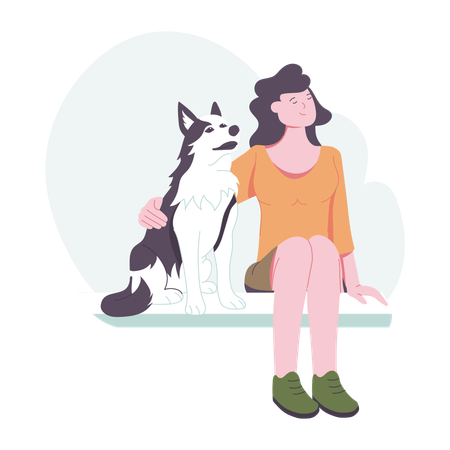 Friendly wolf sitting with a girl  Illustration