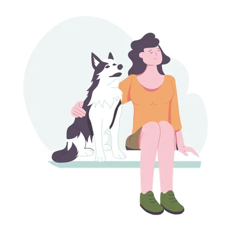 Friendly wolf sitting with a girl  Illustration