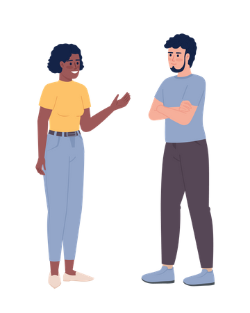 Friendly woman talking to crossed arms man Illustration