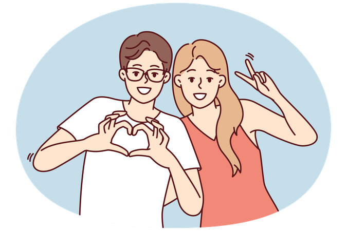 Friendly young man and woman stand in embrace and smiling looking at camera  Illustration