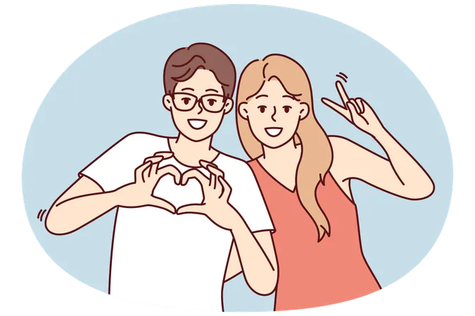 Friendly young man and woman stand in embrace and smiling looking at camera  Illustration