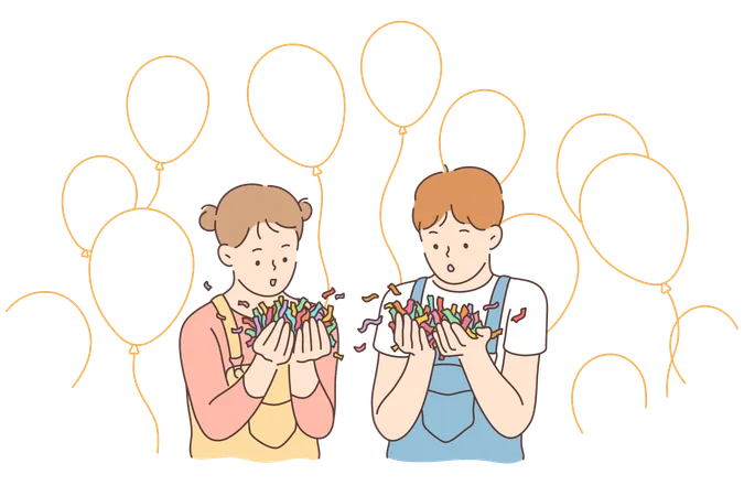 Fun Celebration Holiday Joy Concept Young Happy Cheerful Children Kid Boy And Girl Characters Blowing Confetti And Celebrating Birthday Party With Flying Air Baloons Funny Recreation Illustration Illustration