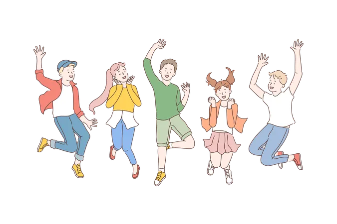 Childhood Friendship Party Concept Group Of Happy Children Enjoy The Holidays Smiling Teen Fans Jump Posing For A Photo Pleasure Of Winning Simple Flat Vector Illustration