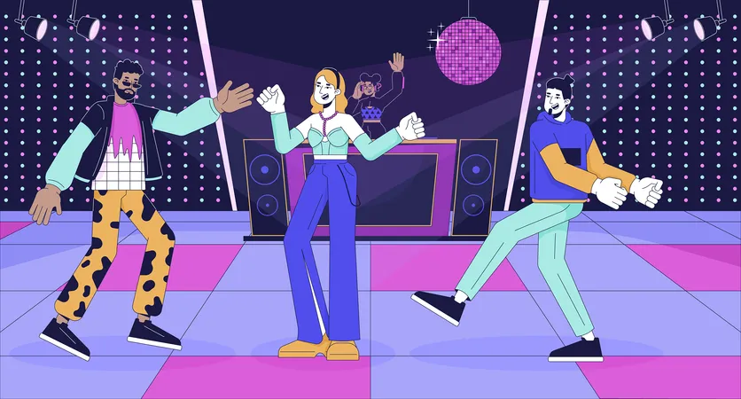 Disco Party Cartoon Flat Illustration Retro Style Music Happy Friends Dancing During Dj Set 2 D Line Characters Colorful Background Nightclub Atmosphere Scene Vector Storytelling Image Illustration