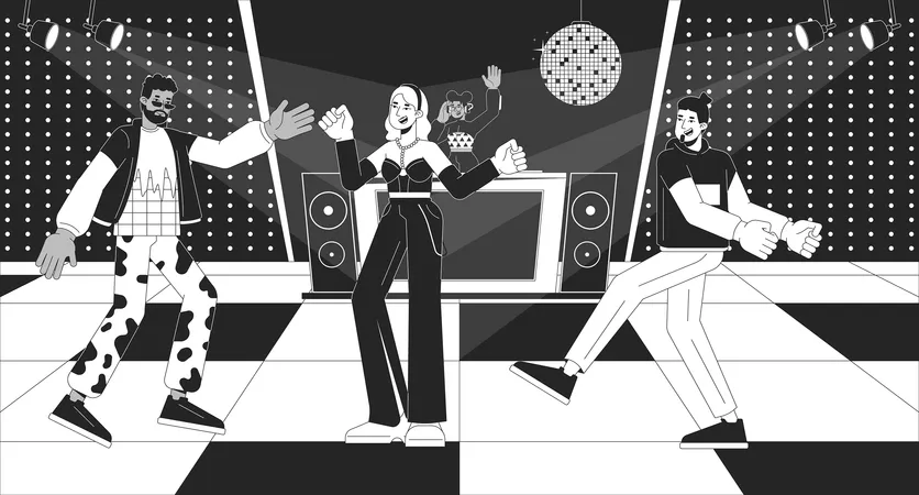 Disco Party Black And White Line Illustration Retro Style Music Happy Friends Dancing During Dj Set 2 D Characters Monochrome Background Nightclub Atmosphere Outline Scene Vector Image Illustration