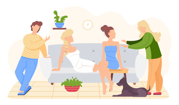 Friends are communicating and spending time together in living room Illustration